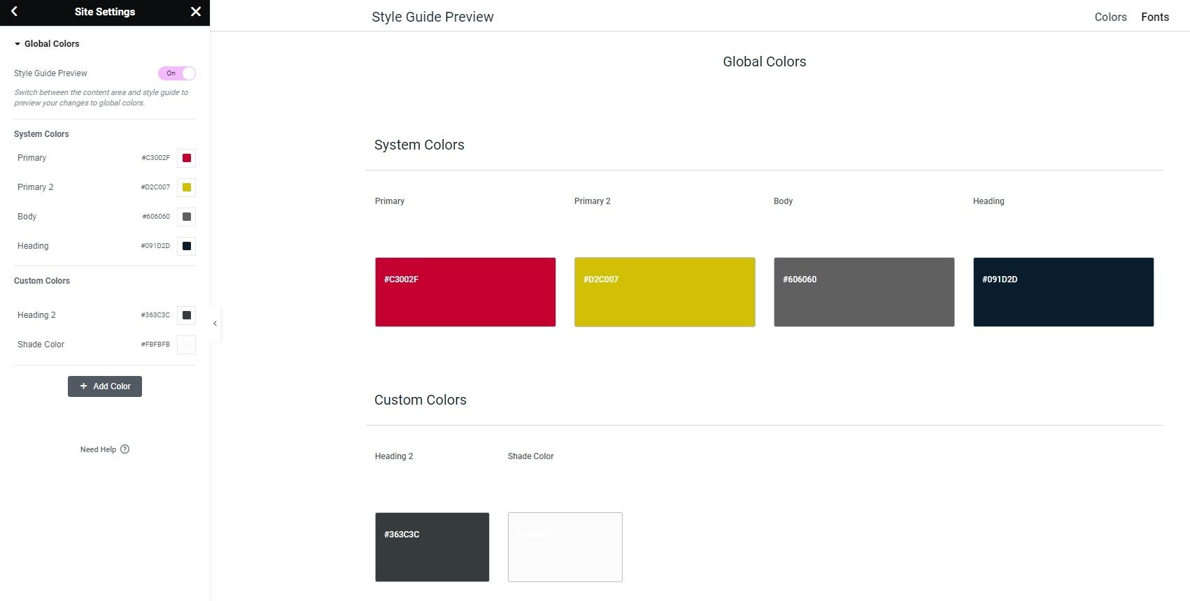 color palet elementor editor lifetec | Colors & Typography