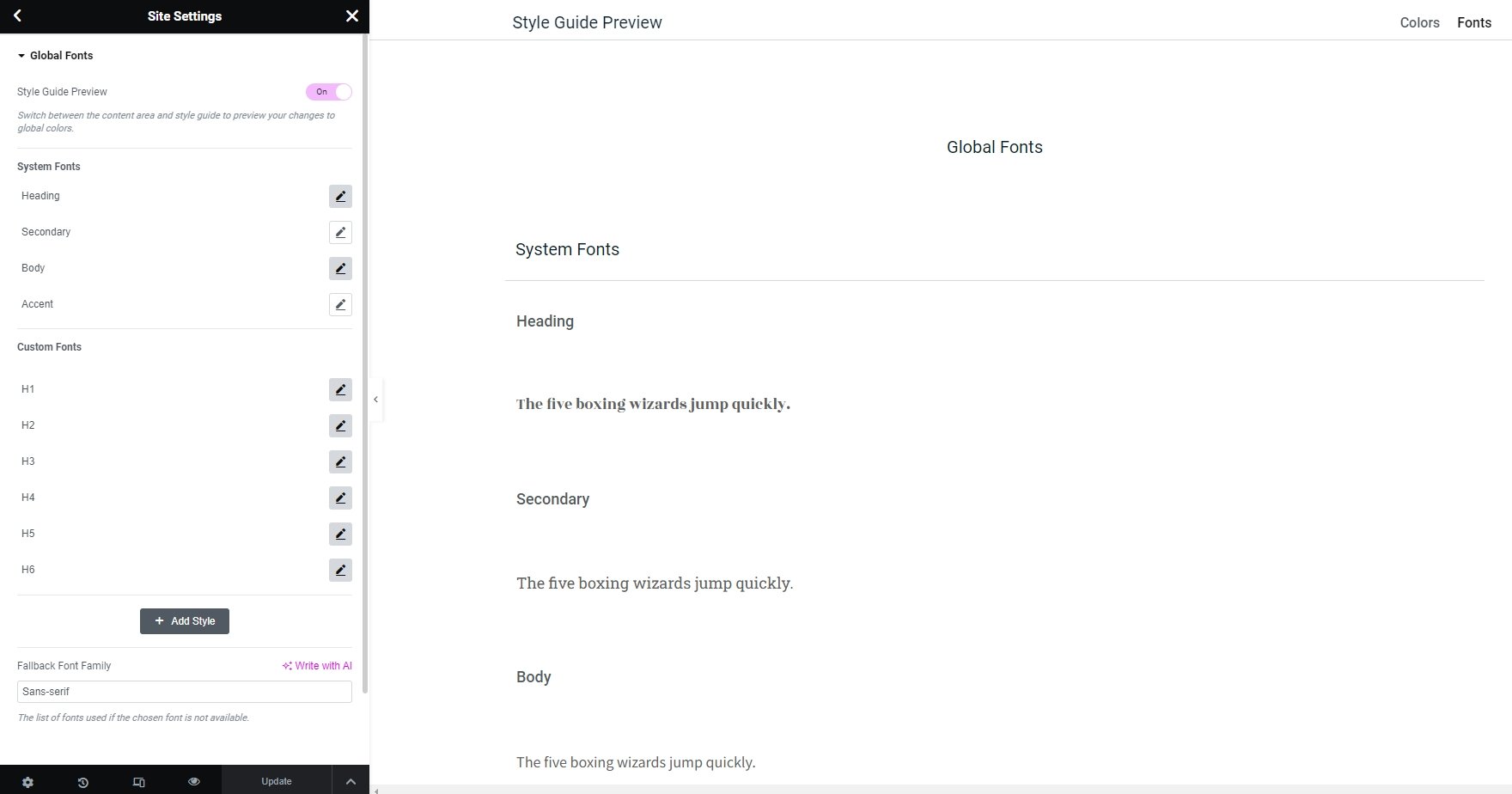global font palet elementor editor lifetec | Colors & Typography