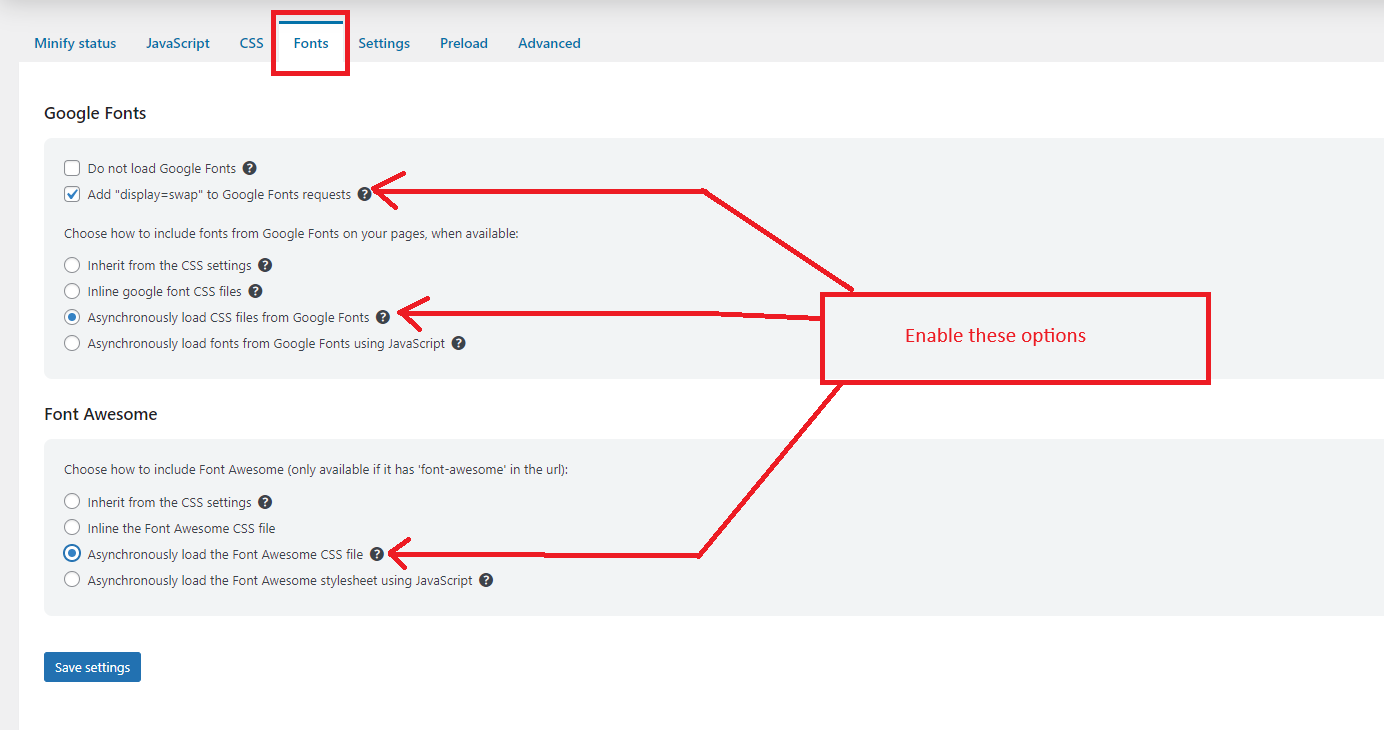 Minify Fonts and Settings