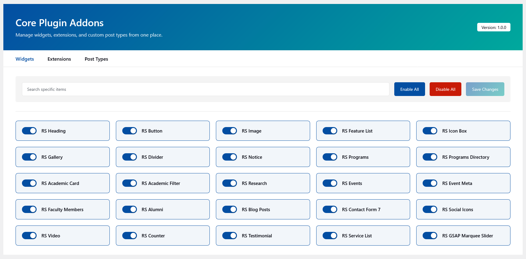 core plugin dashboard | Elentix Addons For Elementor